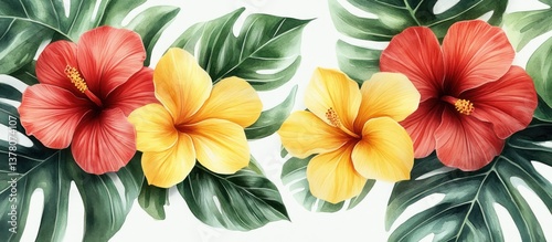 Wallpaper Mural Tropical hibiscus flowers, monstera leaves, summer banner Torontodigital.ca