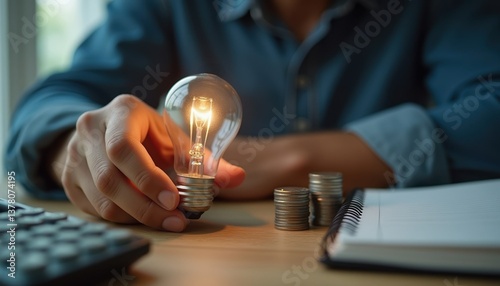 Businessman Holding a Glowing Lightbulb Over Stacked Coins, Symbolizing Financial Growth and Innovative Investment Ideas
