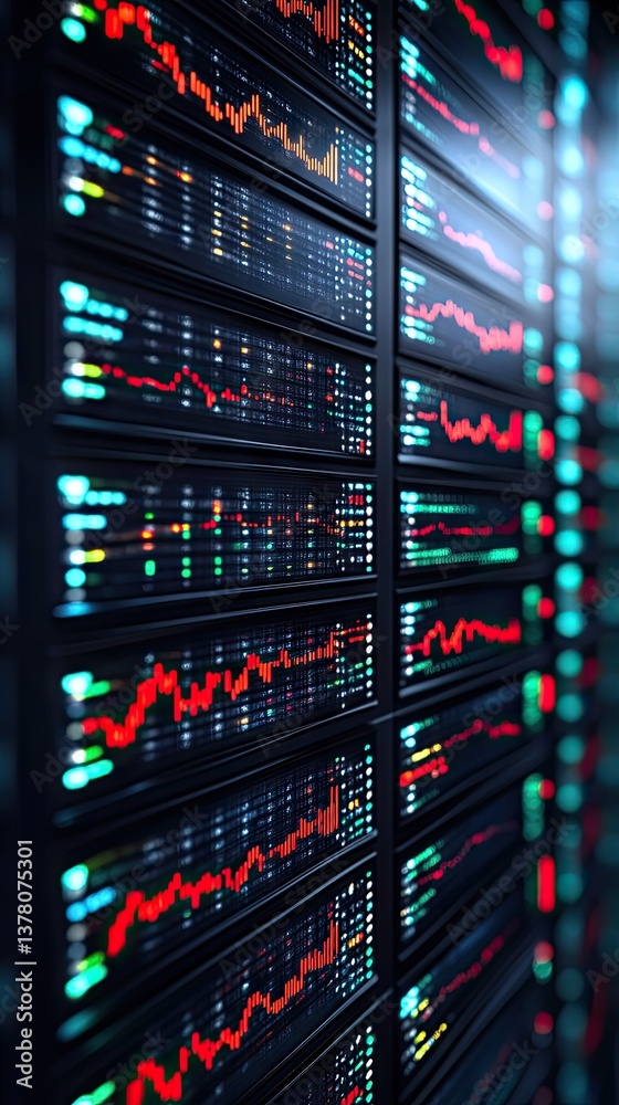 Naklejka premium Server rack with financial data displays
