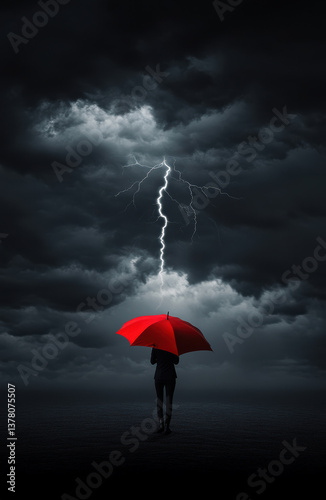 A smart businessman confidently holding a red umbrella as a black storm cloud with a thunderbolt looms overhead, symbolizing leadership, resilience, and overcoming adversity.