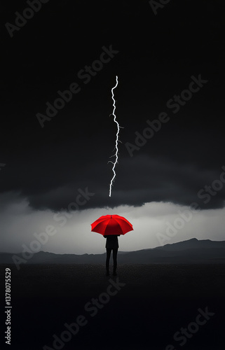 A smart businessman confidently holding a red umbrella as a black storm cloud with a thunderbolt looms overhead, symbolizing leadership, resilience, and overcoming adversity.