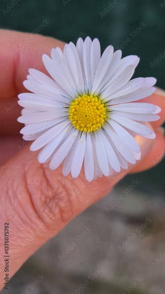 A delicate daisy is gently held between fingers, showcasing its white petals and vibrant yellow center. Captured outdoors during daytime, this close-up highlights nature's simplicity and beauty. A delicate daisy is gently held between fingers, showcasing its white petals and vibrant yellow center. Captured outdoors during daytime, this close-up highlights nature's simplicity and beauty.