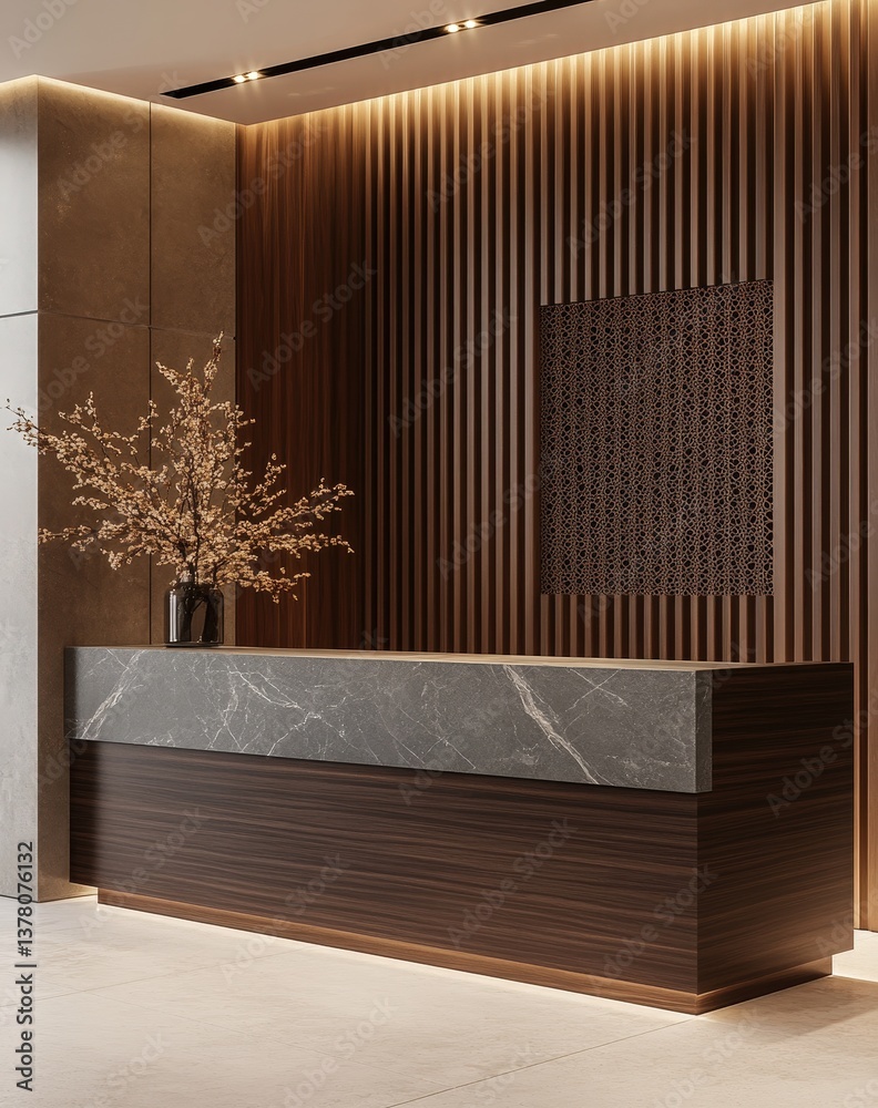 Elegant reception area with a marble counter, warm wood accent wall, and soft lighting creates a welcoming atmosphere