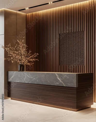 Obraz na płótnie Elegant reception area with a marble counter, warm wood accent wall, and soft lighting creates a welcoming atmosphere w salonie
