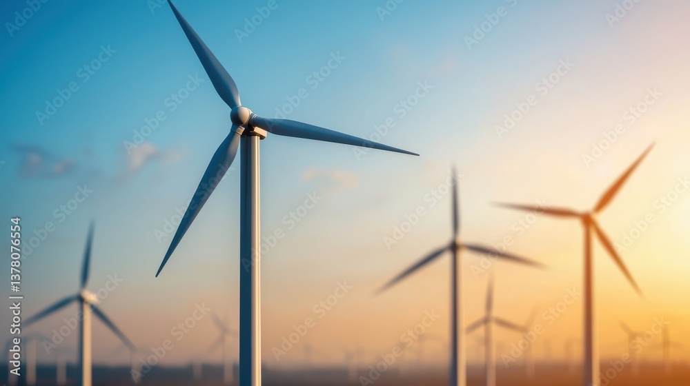 Wind turbines silhouetted against a colorful sky at sunset.