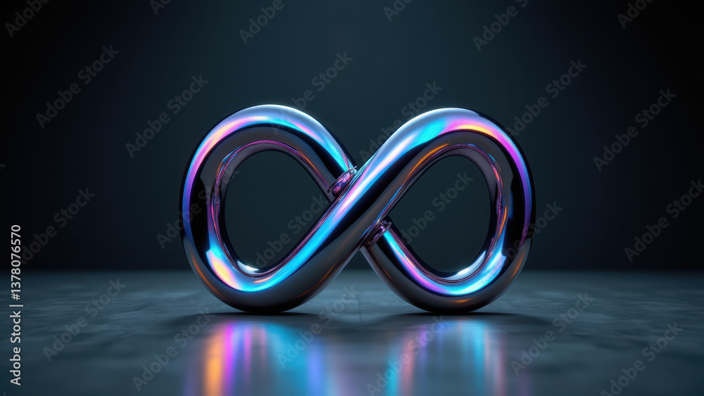 Futuristic infinity loop sculpture with neon lights against a dark background. Futuristic infinity loop sculpture with neon lights against a dark background.