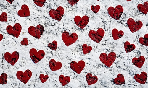 Valentine's Day concept featuring a pattern of red hearts on a white background, viewed from above, with saturated colors and detailed design.