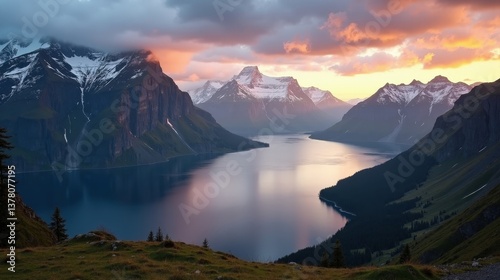 Peaceful Norwegian landscape at dawn, cloudy skies, captured from a panoramic perspective, showing misty hills and calm waters below.