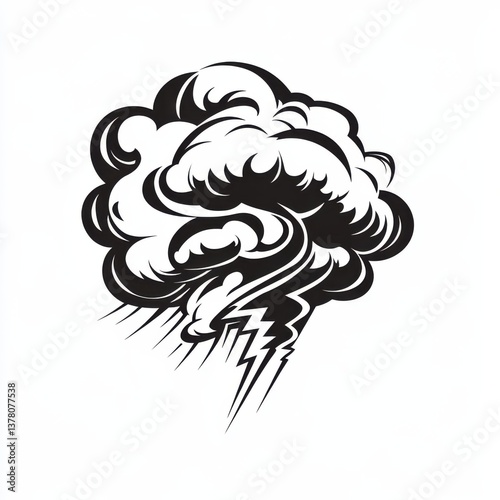 2d graphic of A dark storm cloud with a striking thunderbolt against a pure white background, creating a dramatic contrast and symbolizing power and intensity.