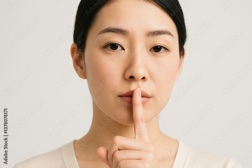 静けさを示す日本人女性の「しーっ」ジェスチャーと品ある演出 静けさを示す日本人女性の「しーっ」ジェスチャーと品ある演出