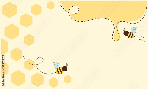 Beehive honey sign with hexagon grid cells, honey drop and bee cartoons on yellow background vector.