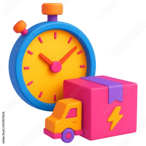 A colorful illustration featuring a stopwatch and a delivery truck with a package, emphasizing speed and delivery.