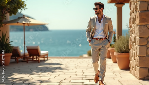 Man Walking Oceanside in Beige Suit
