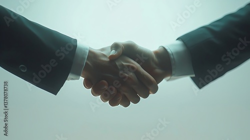 Professional businessmen shaking hands isolated on white background, corporate business meeting, minimalist style