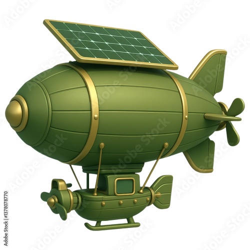 A green, solar-powered zeppelin model featuring a propeller and an attached submarine, showcasing innovative design in airborne travel.