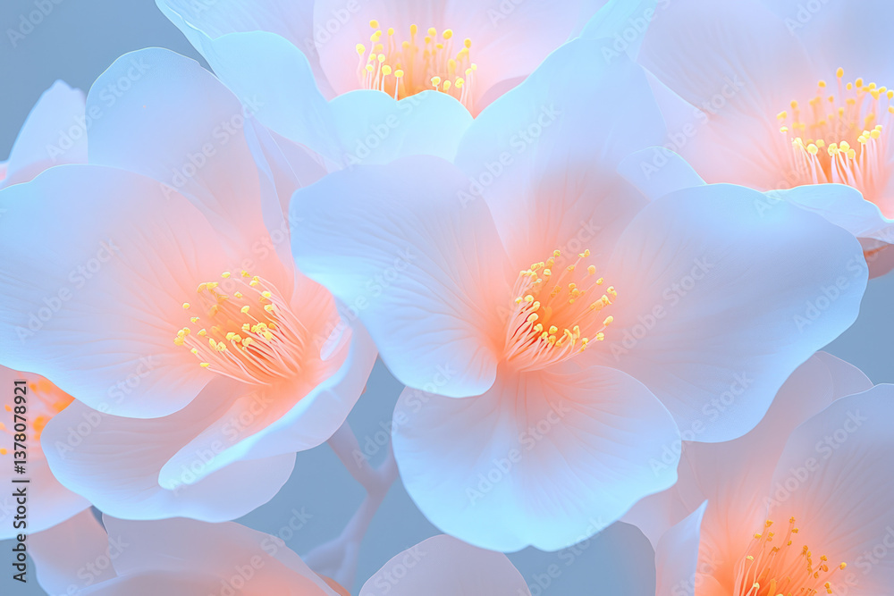 Fototapeta premium A stylized macro of cherry blossom petals opening wide around glowing yellow stamens, symbolizing
