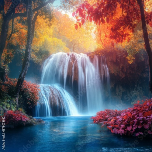 Enchanting waterfall amidst vibrant autumn foliage in serene forest