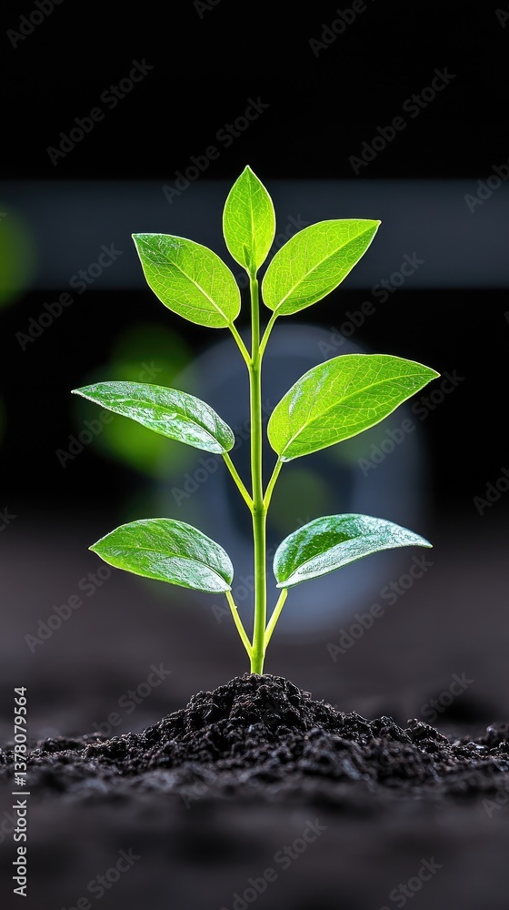 Naklejka premium A young sprout emerges from soil, reaching towards the light, symbolizing growth and new beginnings