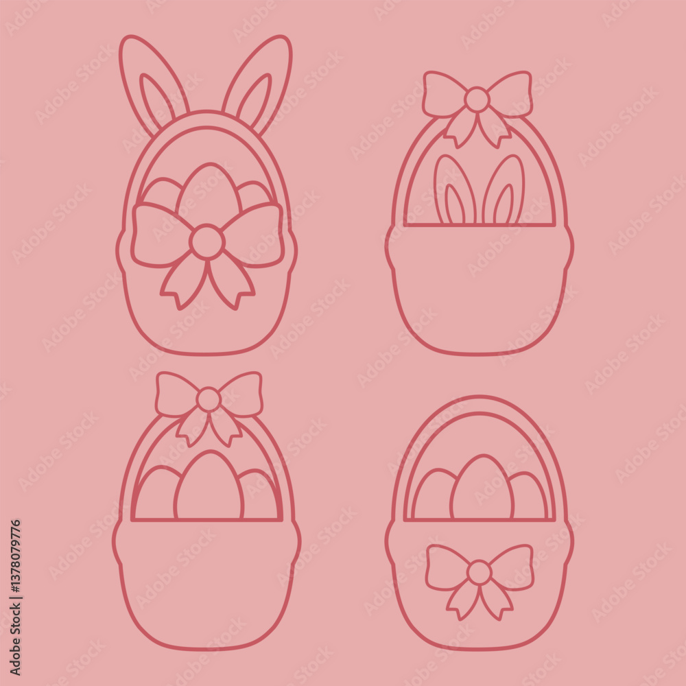 Set of Easter baskets with bunny ears, eggs and bows in outline style. Cute minimal vector for spring design and kids decor. Set of Easter baskets with bunny ears, eggs and bows in outline style. Cute minimal vector for spring design and kids decor.