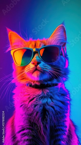 Cat Wearing Colorful Sunglasses in Neon Lighting