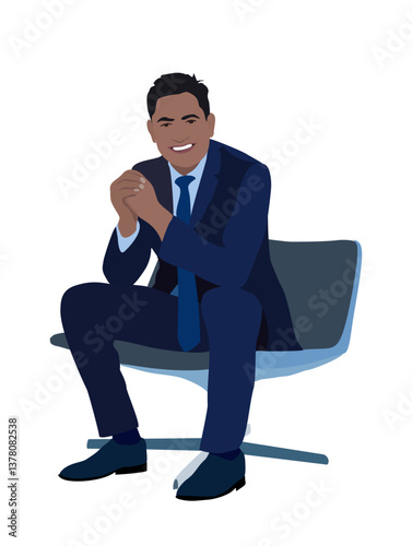 Business man sitting on chair. Handsome male cartoon character in blue formal business suit. Vector realistic illustration isolated.