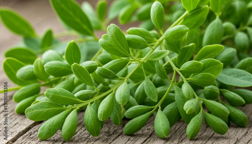 Moringa leaves on rustic surface for sustainable nutrition Moringa leaves on rustic surface for sustainable nutrition