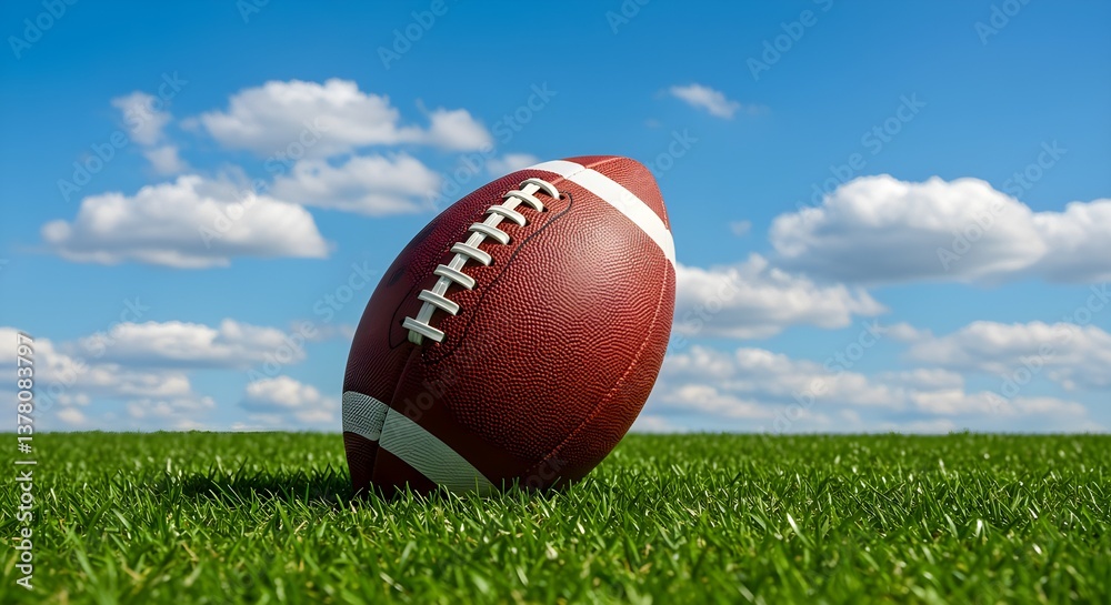 American football ball, on the grass, with fluffy clouds sky in American football ball, on the grass, with fluffy clouds sky in