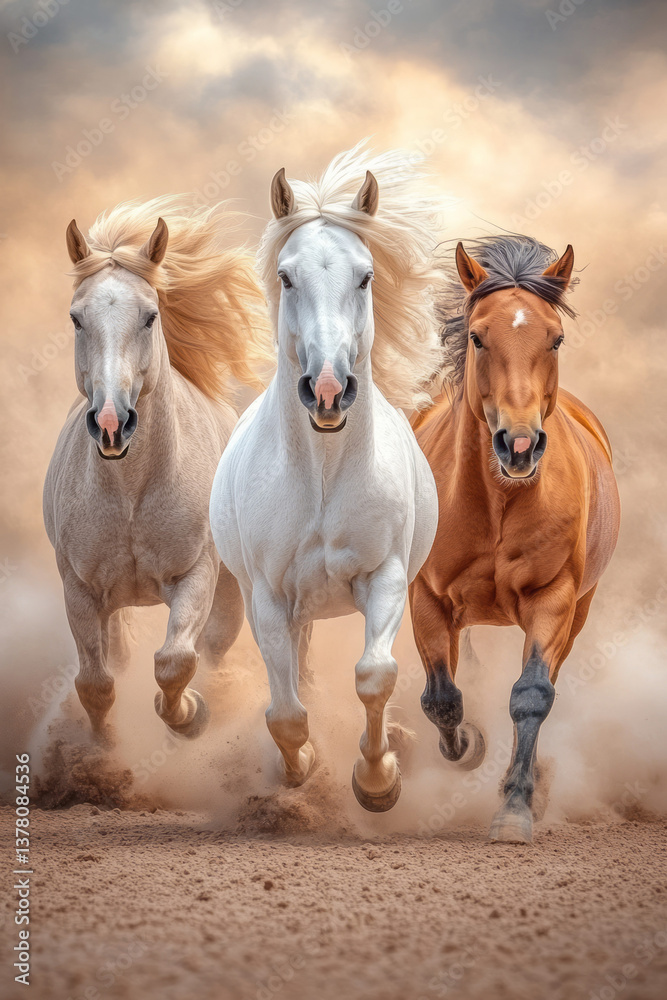 Fototapeta premium A serene moment of wild horses running side-by-side across a barren desert landscape, dust swirling