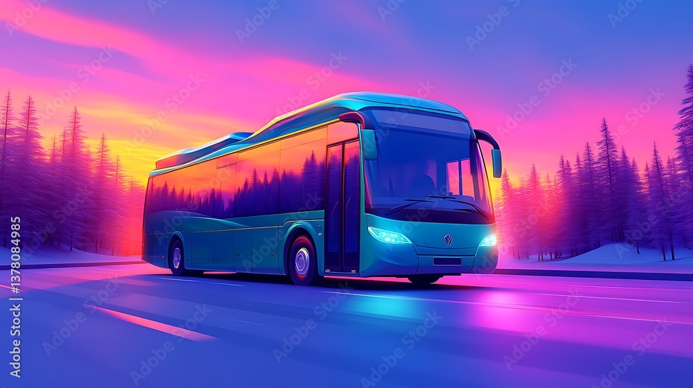 Obraz premium Modern Bus Traveling on Road Reflecting Sunset Scenery in Winter
