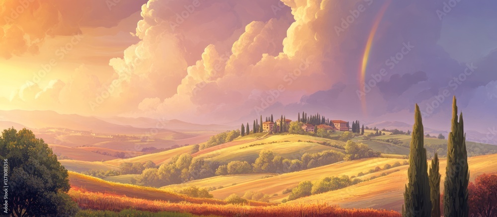 Obraz premium A picturesque landscape featuring a hillside village under a rainbow