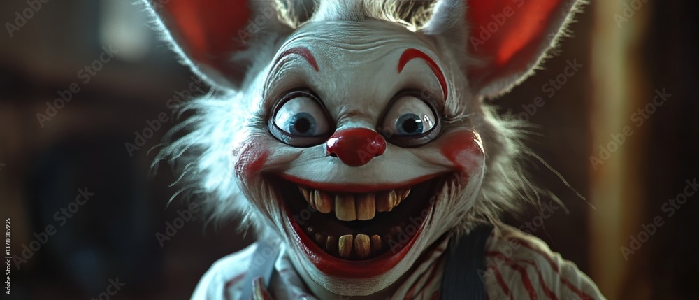 A creepy clown rabbit with a red nose and a big smile