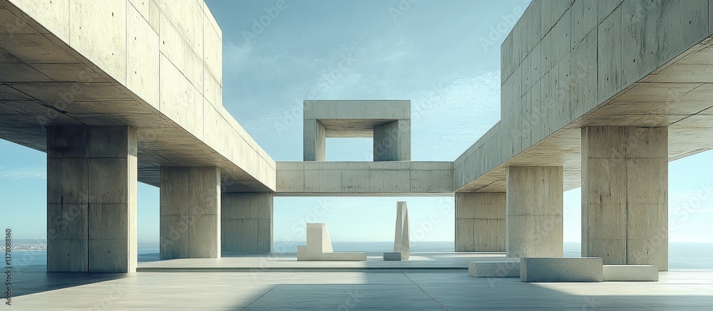 Fototapeta premium Concrete architecture, ocean view, minimalist design, modern building