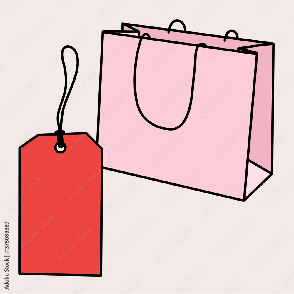 Pink Shopping Bag with Red Sale Tag Vector Illustration