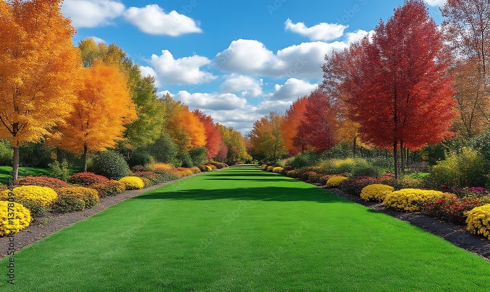 Pathway Through Beautiful Autumn Trees with Lush Green Grass and Clouds Pathway Through Beautiful Autumn Trees with Lush Green Grass and Clouds
