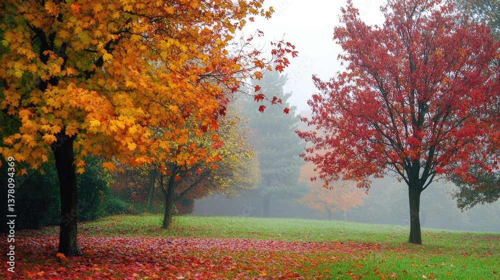Naklejka premium Colorful Leaves and Trees in Autumn Season - Flora and Fog with Copy Space