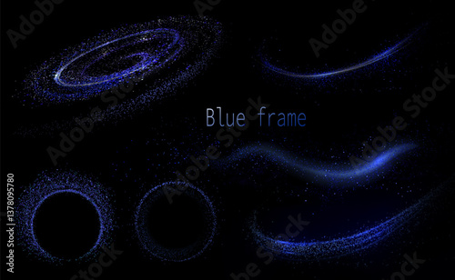 Isolated design component, blue set of swirls and arches made of small tinsel.