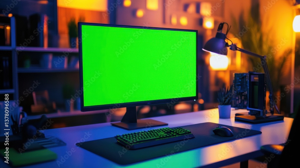 Naklejka premium Desktop Computer with Green Screen in Modern Office Setting