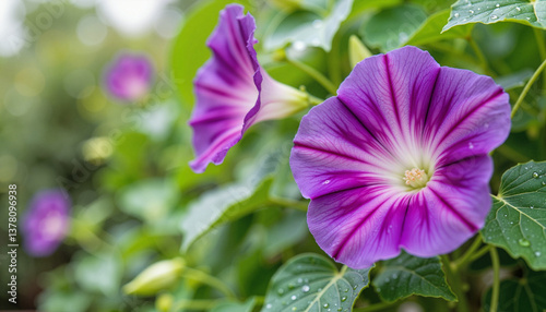 Blooming morning glories on trellis after rain, nature's resilience