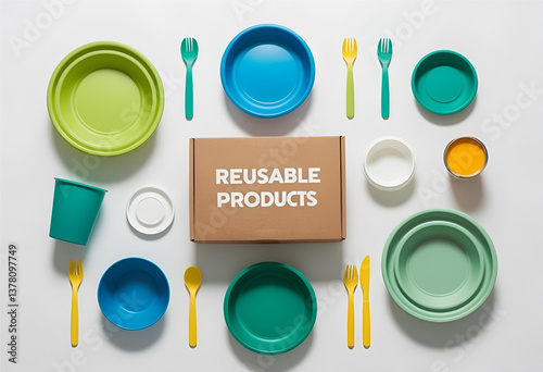 Wallpaper Mural Eco-Friendly Reusable Products: A vibrant collection of eco-friendly and reusable tableware and products, arranged around a box labeled "REUSABLE PRODUCTS". Torontodigital.ca