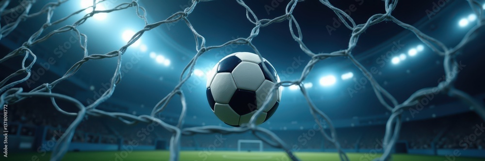 Naklejka premium Goal Moment: Soccer Ball in Net at Night