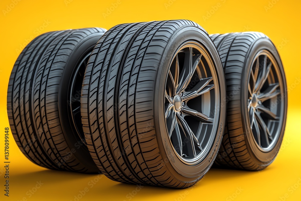 Three Car Tires with Rims Stacked on Yellow Background Studio Shot Three Car Tires with Rims Stacked on Yellow Background Studio Shot