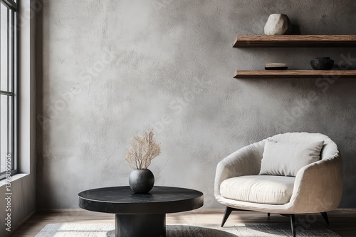 Armchair near black coffee table with wooden shelf and stucco wall. Japandi minimalist interior design. AI generated illustration.
