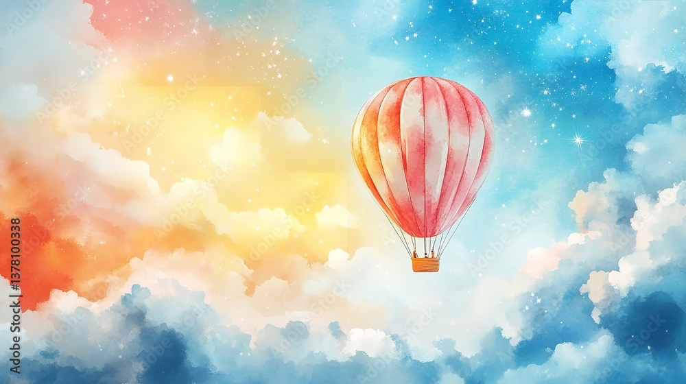 Obraz premium Cute kids watercolor air balloon illustration with color