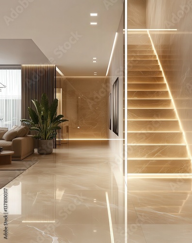 Elegant marble floors lead to a grand staircase in this luxurious interior. Soft lighting highlights the space, showcasing refined details and a sense of calm