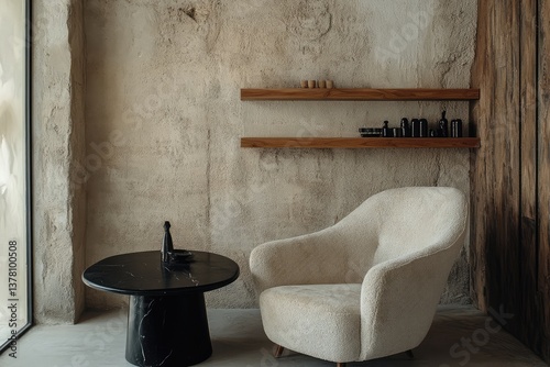 Armchair near black coffee table with wooden shelf and stucco wall. Japandi minimalist interior design. AI generated illustration.