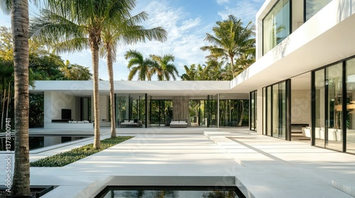 A sleek contemporary white villa with a minimalist design, large glass walls, palm trees, and a peaceful courtyard with a water feature