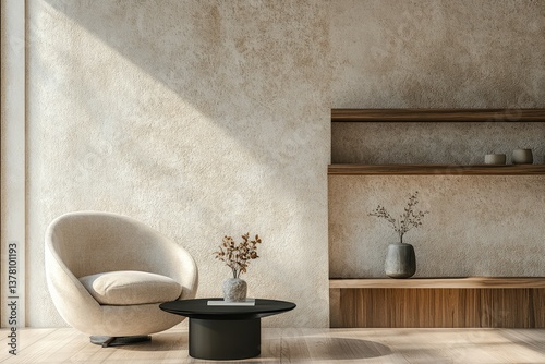 Armchair near black coffee table with wooden shelf and stucco wall. Japandi minimalist interior design. AI generated illustration.