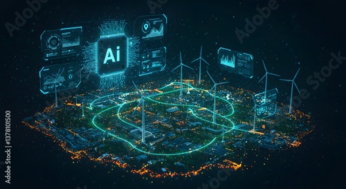 A futuristic AI system optimizing renewable energy distribution in a smart grid network
