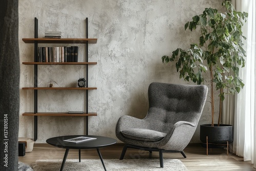 Armchair near black coffee table with wooden shelf and stucco wall. Japandi minimalist interior design. AI generated illustration.