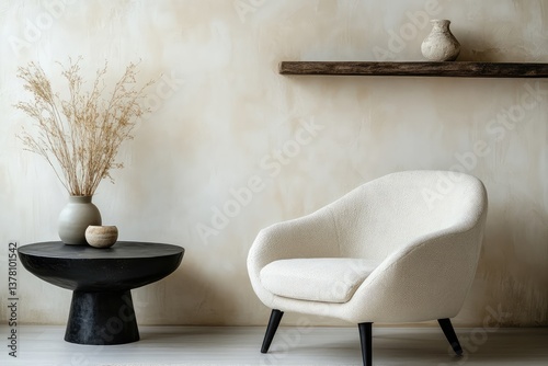 Armchair near black coffee table with wooden shelf and stucco wall. Japandi minimalist interior design. AI generated illustration.